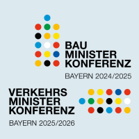 Logo für die Bauministerkonferenz 2024/2025 und Logo für die Verkehrsministerkonferenz 2025/2026 jeweils mit Schriftzug
