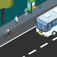 Die Animation zeigt einen Nahverkehrsbus an einer Bushaltestelle, Fußgänger und eine Fahrradfahrerin.