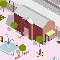 Graphisch dargestellt ist ein Bahnhof mit Vorplatz. Auf dem Vorplatz gehen, sitzen oder laufen Menschen