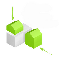 Grafische Darstellung eines hellgrauen Quaders, der ein Gebäude darstellen soll. Von vorne und von oben werden grüne Gebäudeteile angefügt. © StMB